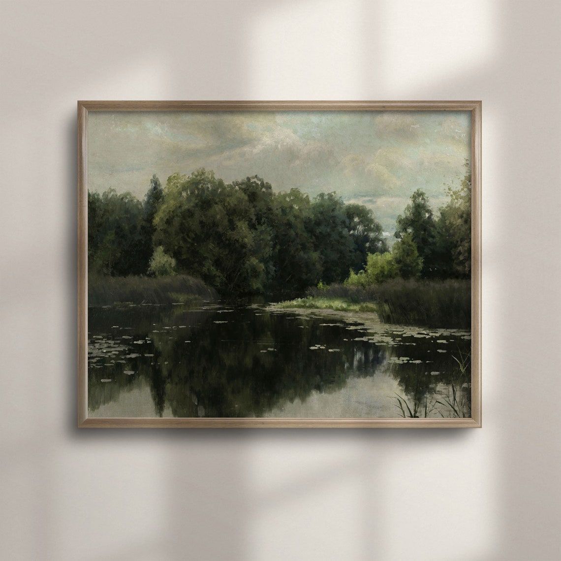 Vintage Lakeside Trees Water Reflection Lily Pads Scene Art Poster