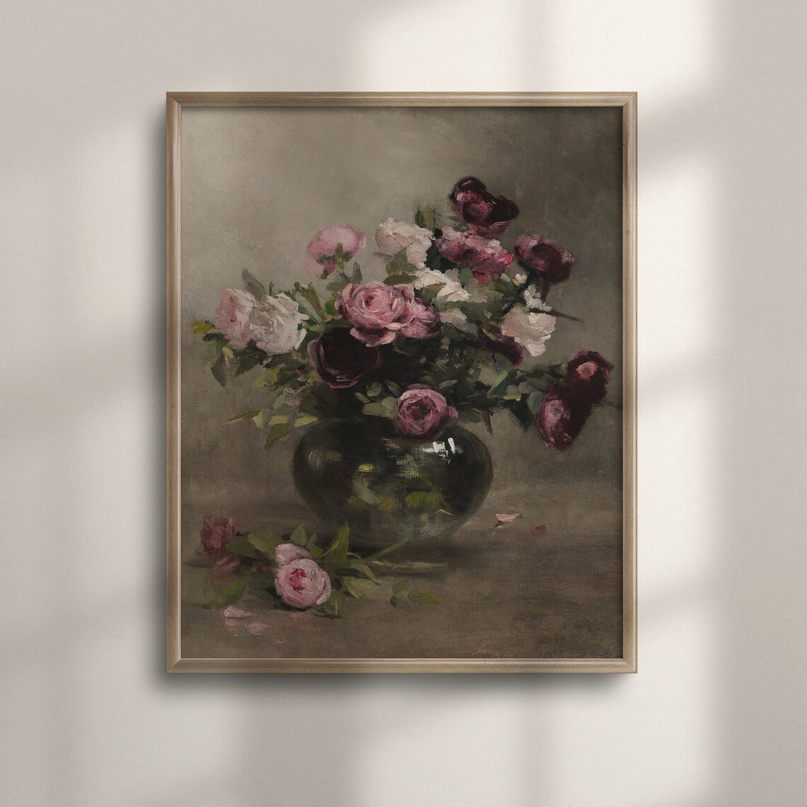 Vintage Pink Roses Still Life Moody Floral Oil Painting Art Poster