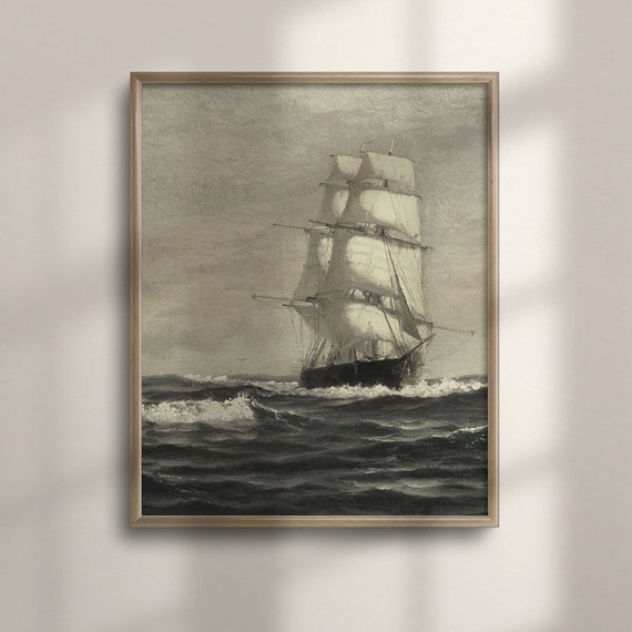 Vintage Moody Seascape Painting Nautical Coastal Decor Ocean Ship Art Farmhouse Wall Decor Oil Painting Reproduction Poster C16 1439