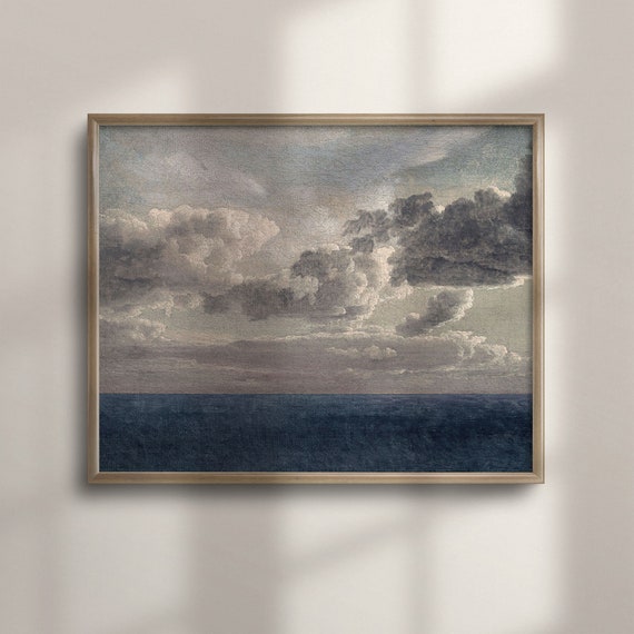 Vintage Ocean Horizon Oil Painting Antique Cloud Study Art Moody Coastal Wall Decor Dark Blue Sea Artwork Nautical Home Decor C16 30