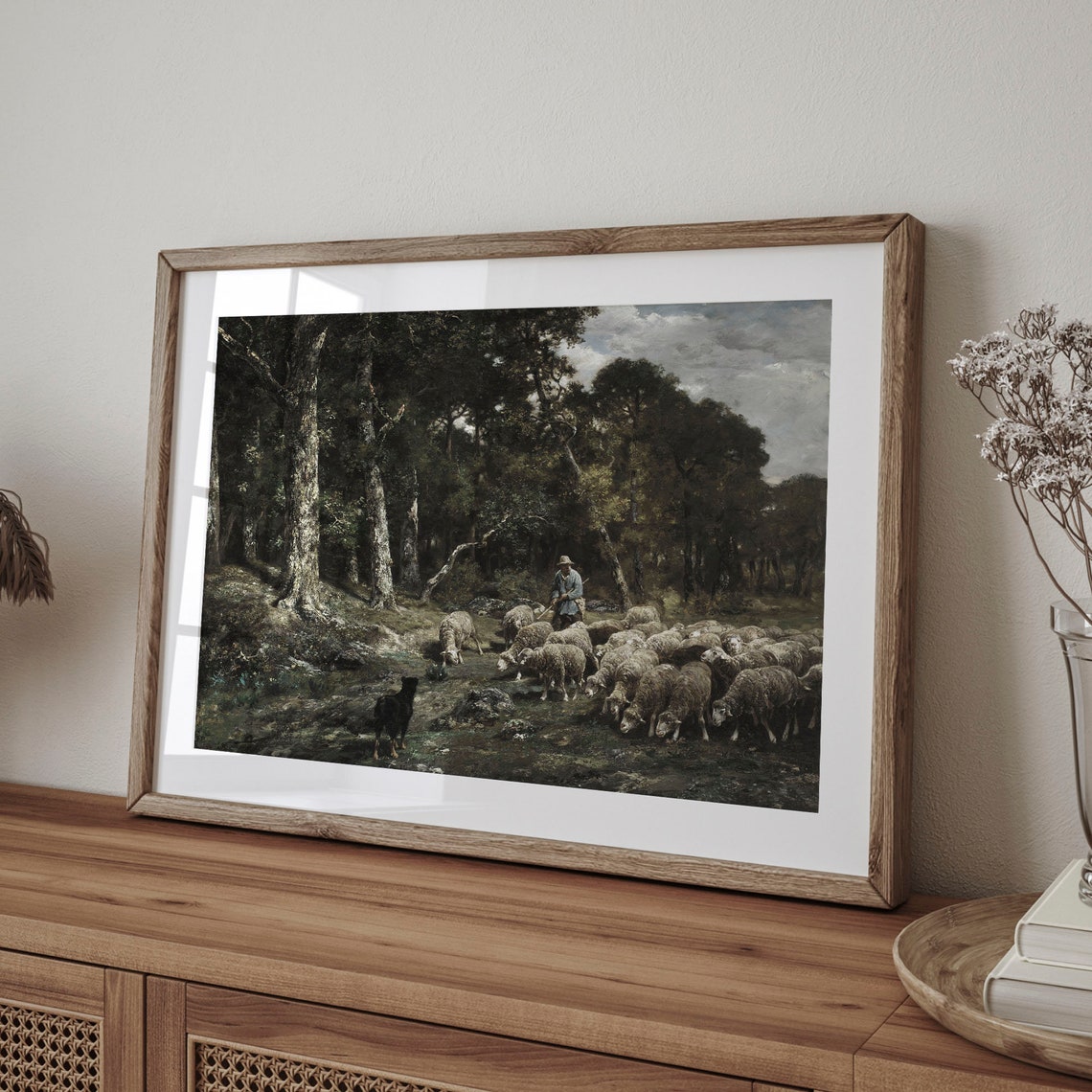 Shepherd Leading Flock of Sheep Through Dark Forest Vintage Oil Poster - Image 4