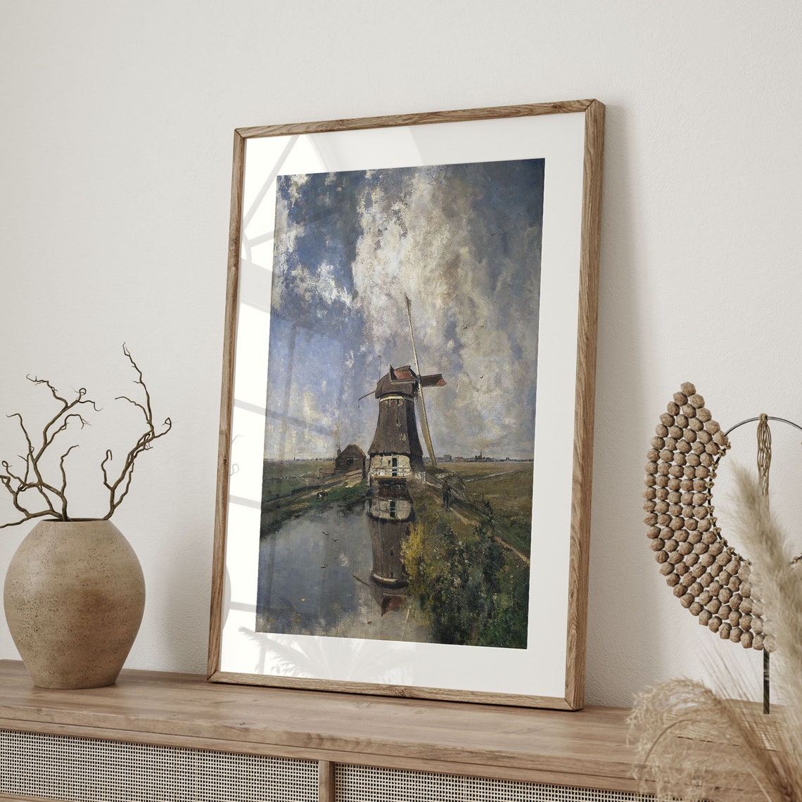Dutch Windmill Canal Reflection Dramatic Sky Antique Landscape Poster