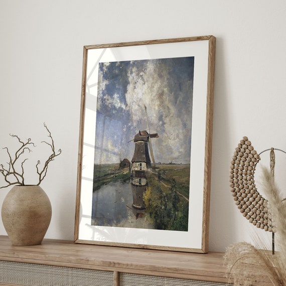 Dutch Windmill Landscape Painting Antique Farmhouse Art Print Vintage Home Decor Rustic Wall Art C16 1325