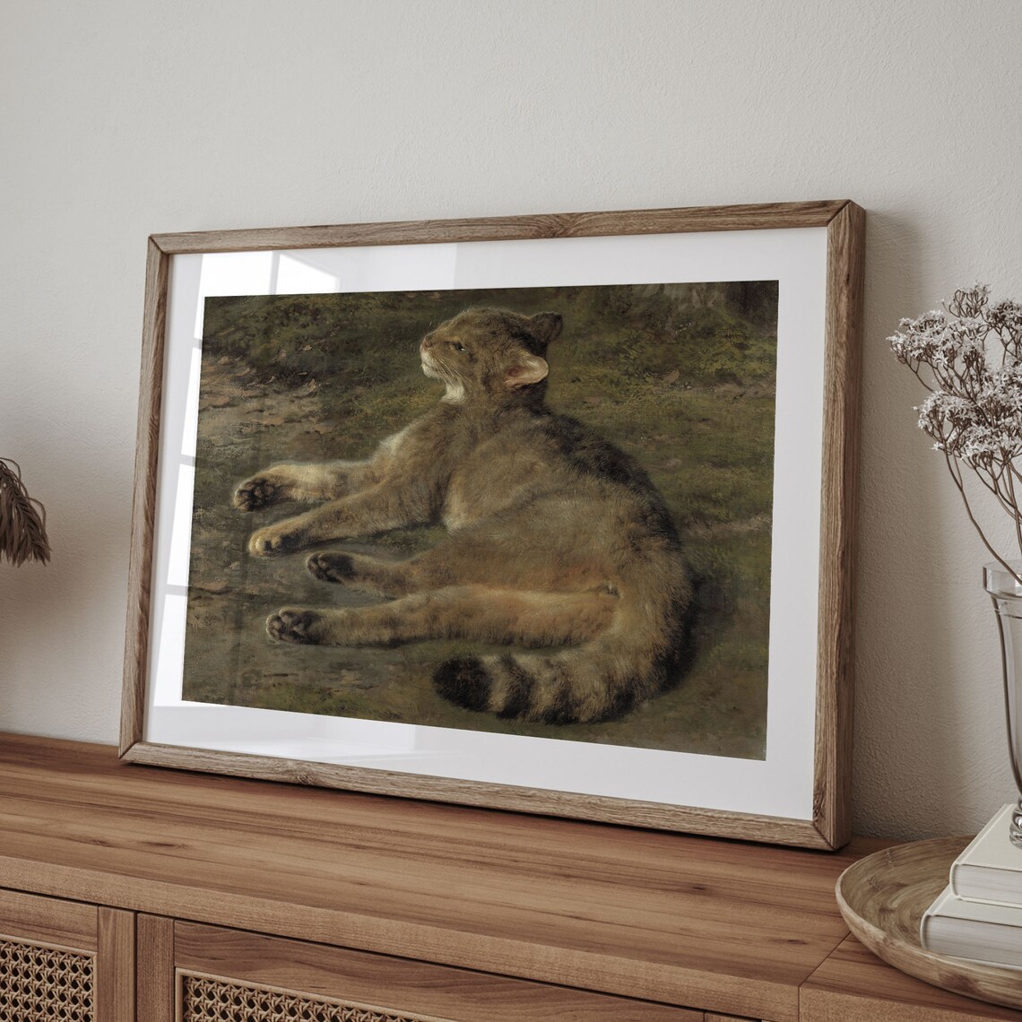 Resting Wildcat on Mossy Ground Antique Cat Portrait Painting Poster - Image 4