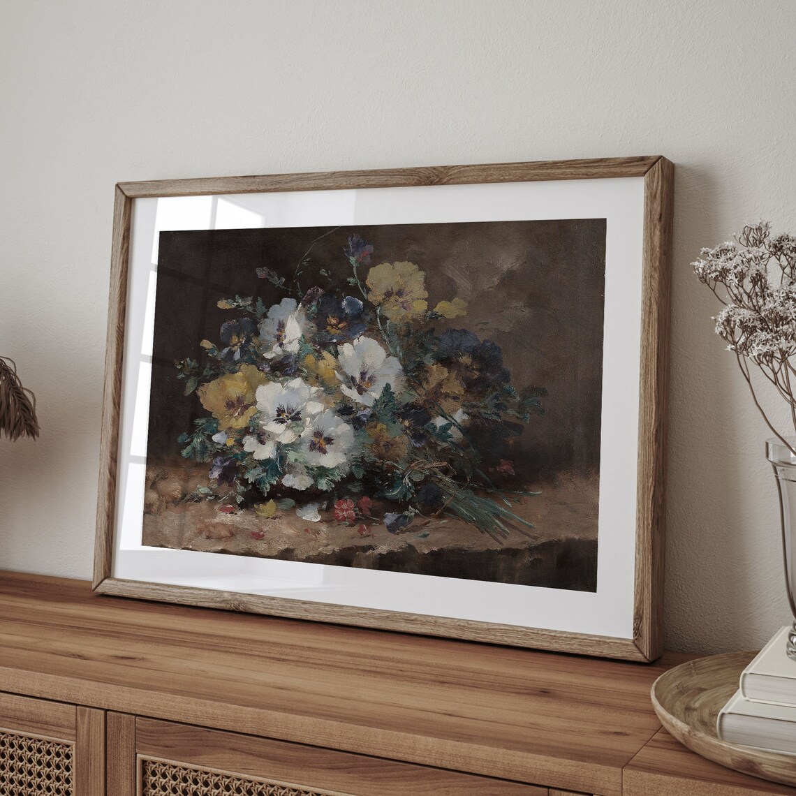 Vintage Pansy Still Life Moody Dark Floral Oil Painting Poster - Image 4