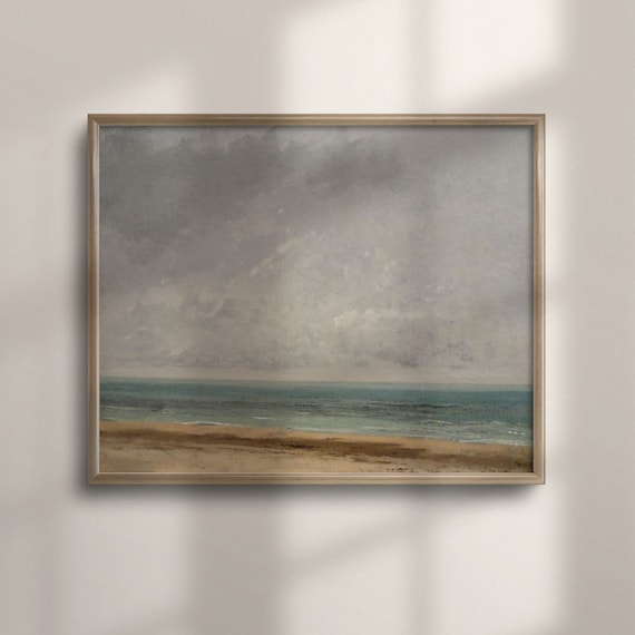 Minimalist Moody Gray Sky Calm Teal Sea Antique Coastal Painting Poster