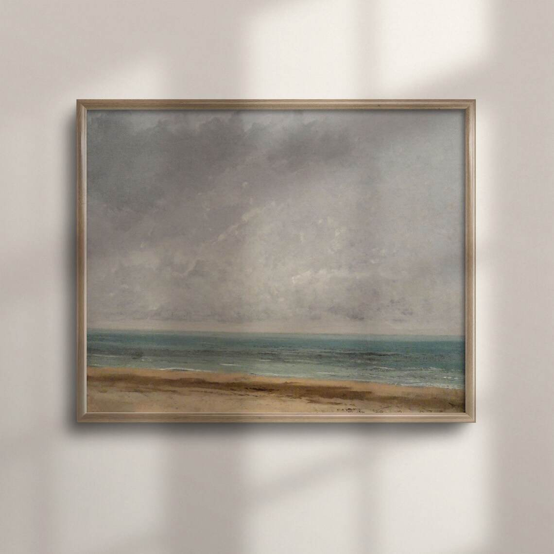 Minimalist Moody Gray Sky Calm Teal Sea Antique Coastal Painting Poster