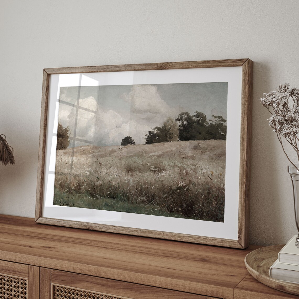 Sunlit Meadow Cumulus Clouds Vintage Landscape Painting Poster - Image 4