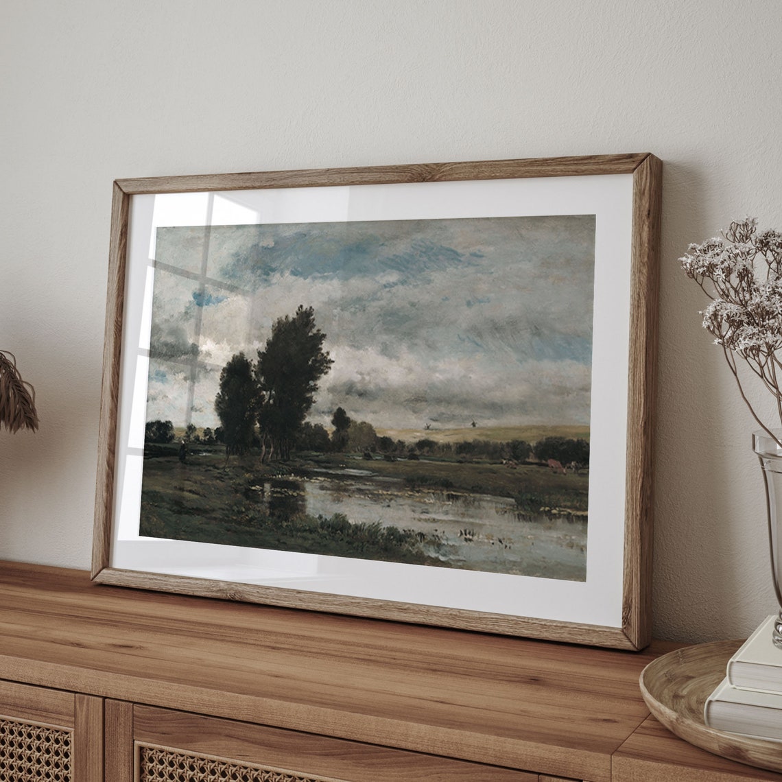 Riverside At Dusk Tall Poplars Marsh Reflections And Windmills Print - Image 4
