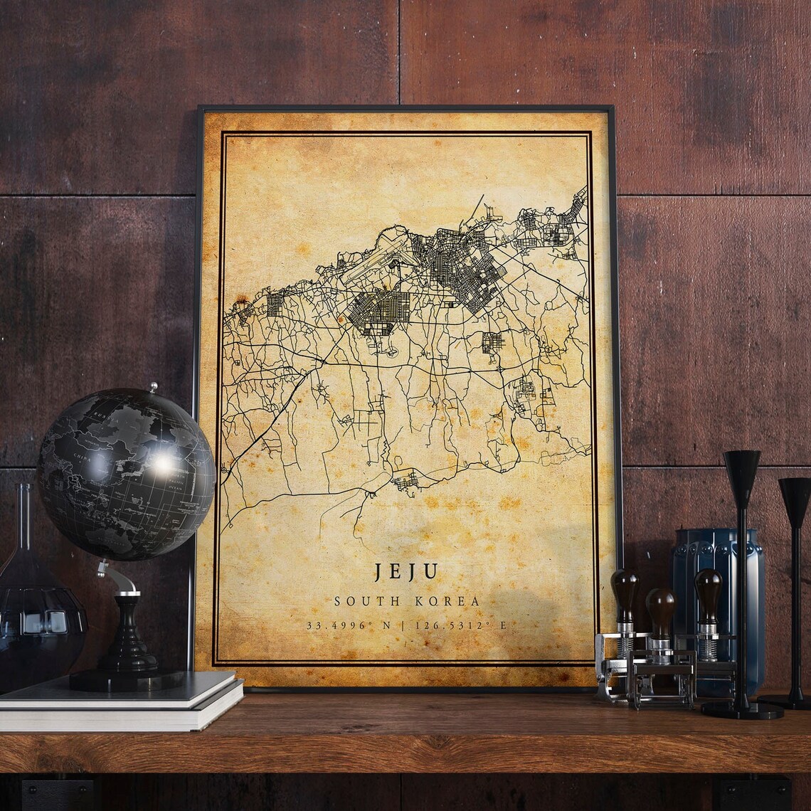 Jeju South Korea Vintage City Street Map Antique Coordinate Art Poster - Image 4