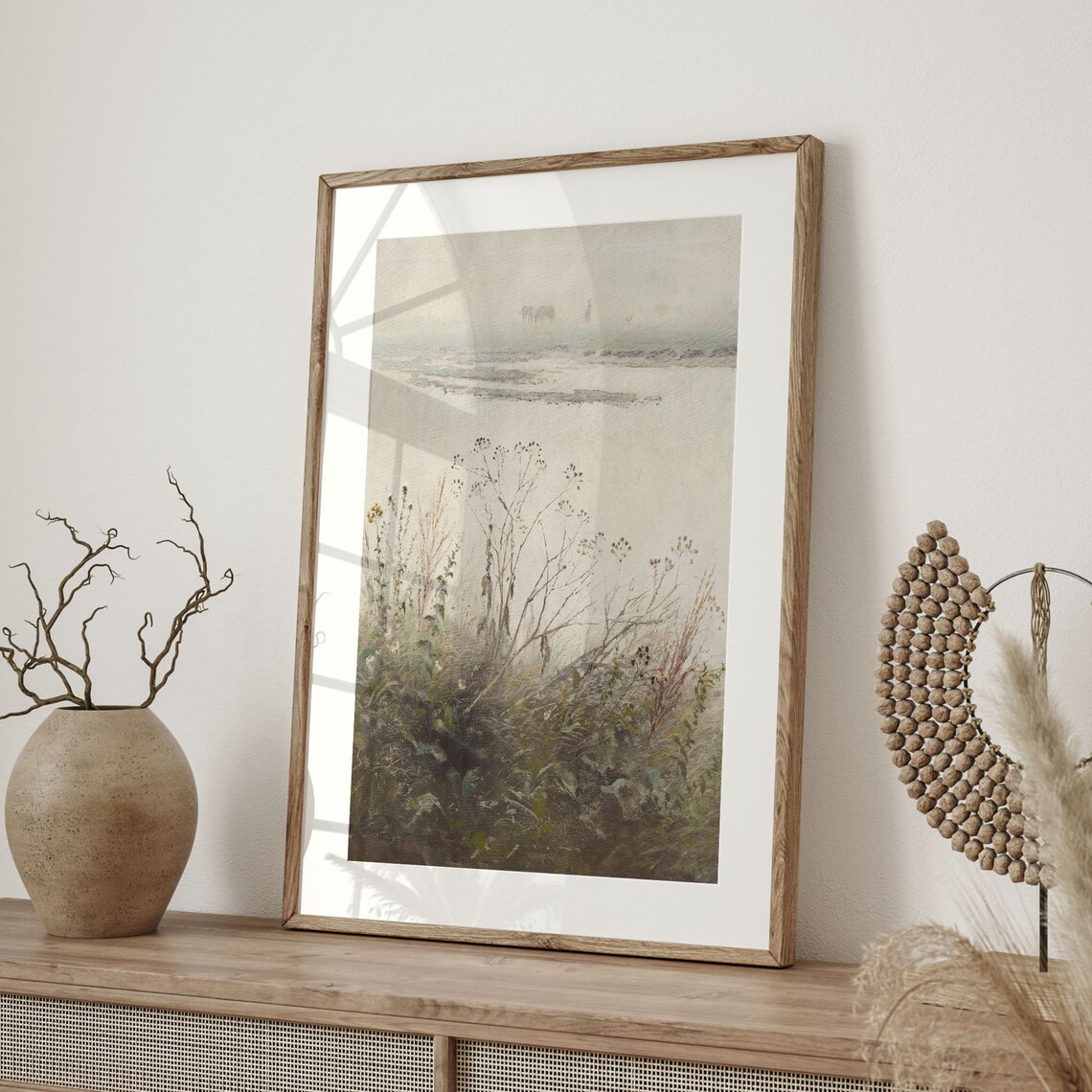 Antique Misty Lake Landscape with Wildflowers Pastel Wall Art - Image 4