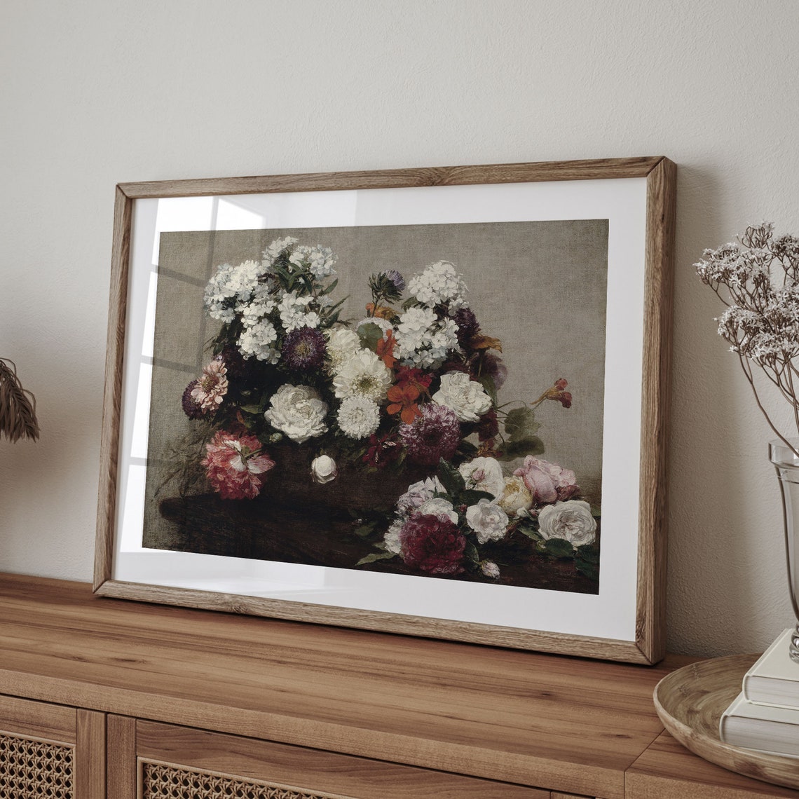Antique Dark Floral Still Life Bouquet Of White Phlox And Roses Print - Image 4