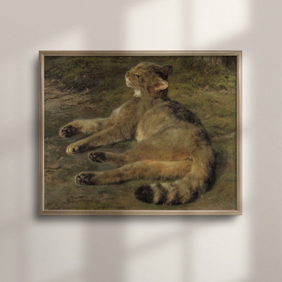 Resting Wildcat on Mossy Ground Antique Cat Portrait Painting Poster