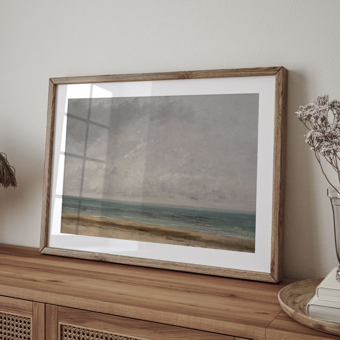 Minimalist Moody Gray Sky Calm Teal Sea Antique Coastal Painting Poster - Image 4