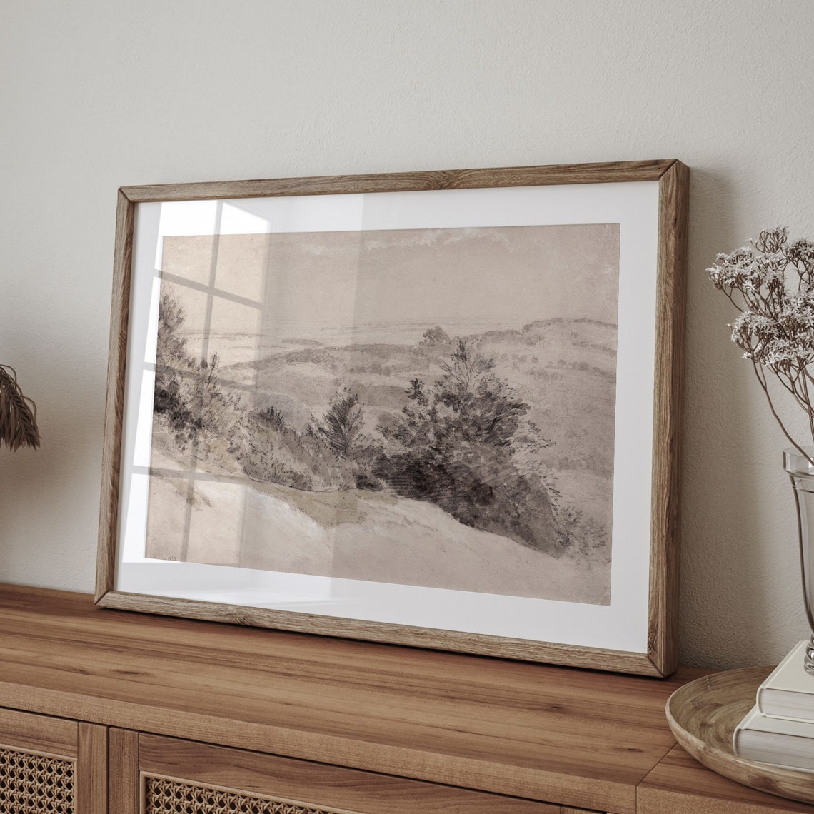 Vintage Sepia Tone Rolling Hills Trees Minimalist Sketch Art Poster - Image 4
