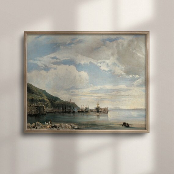 Antique Coastal Harbor Fort Sailboats Rocky Shore Vintage Seaside Painting Poster