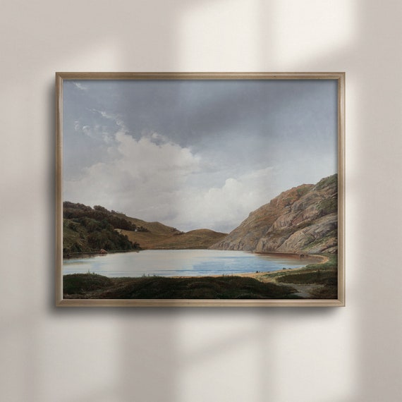 Rustic Landscape Oil Painting Vintage Lake House Wall Art Antique Muted Landscape Poster Lake Decor C16 192