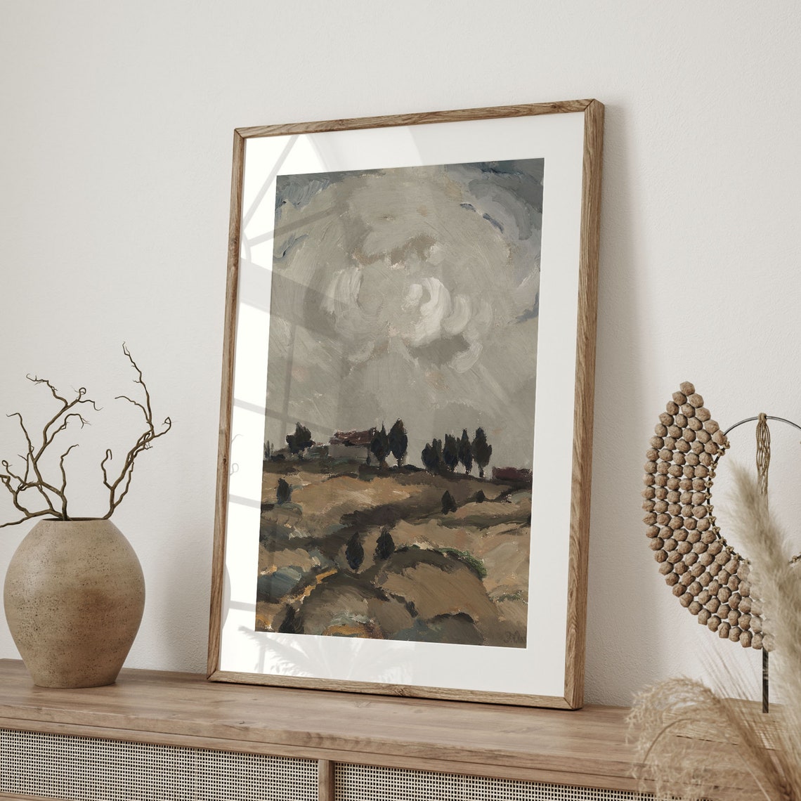 Warm Tone Moody Landscape Swirling Clouds Rustic Field Antique Poster - Image 4