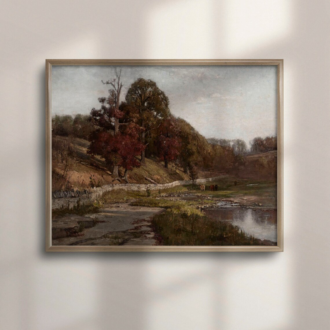 Autumn Trees By Still Pond Distant Cattle Rustic Vintage Fall Painting Poster