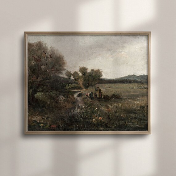 Vintage Moody Countryside Stream Figures Rustic Landscape Poster