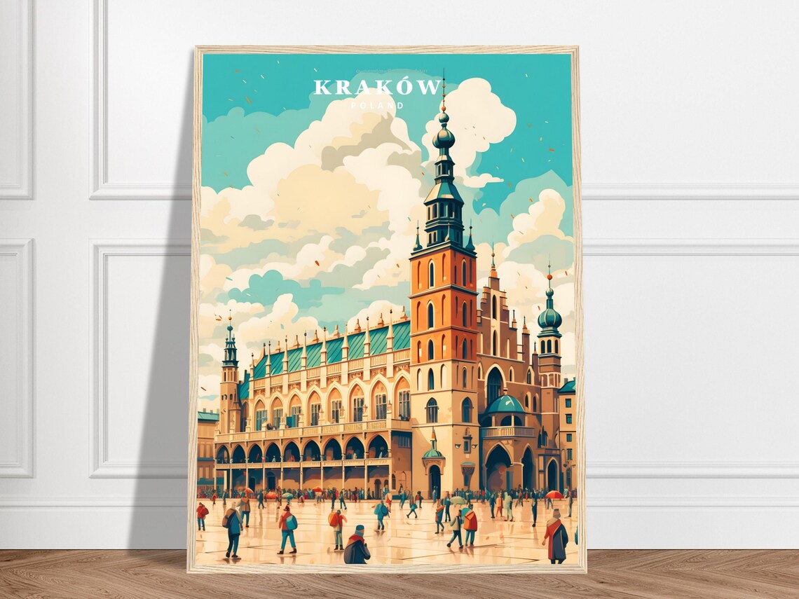 Krakow Old Town Main Square Cloth Hall Poland Vintage Travel Poster