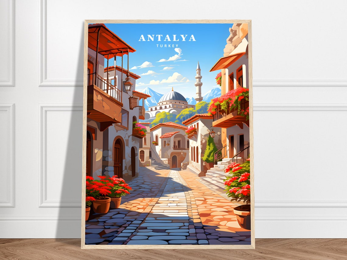 Antalya Turkey Old Town Cobbled Street Minimalist Travel Poster