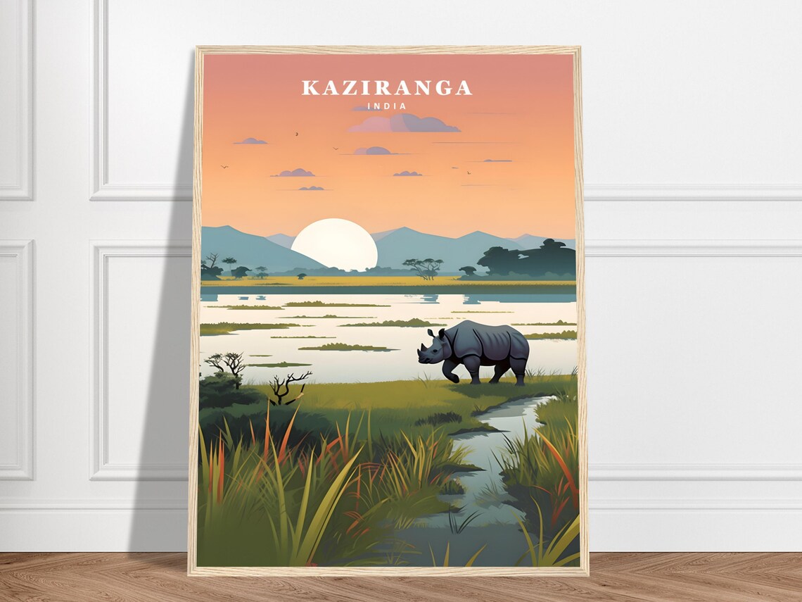Kaziranga India Rhino Wetlands Sunset Wildlife Travel Poster Art