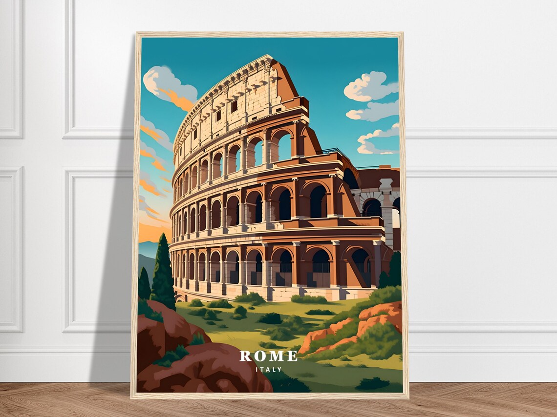 Rome Travel Poster, Historic Colosseum Landmark