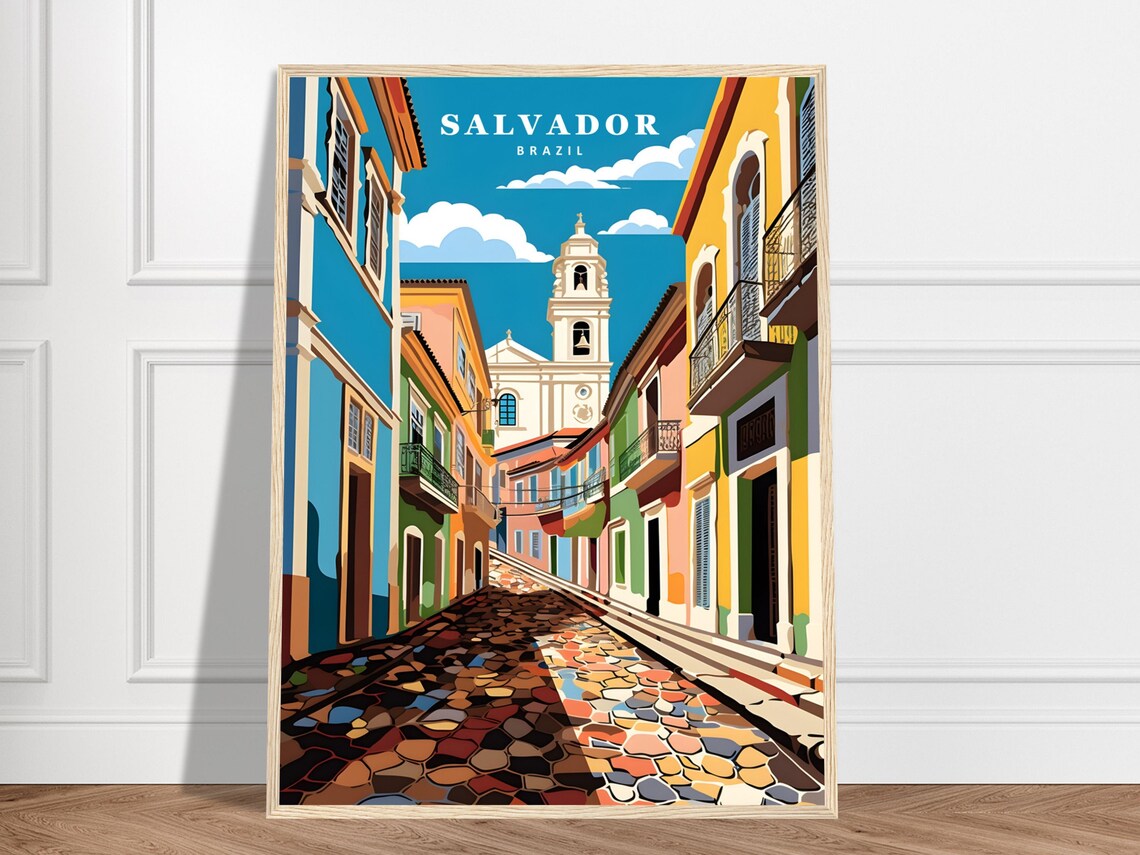 Salvador Brazil Colorful Colonial Street Pelourinho Travel Poster