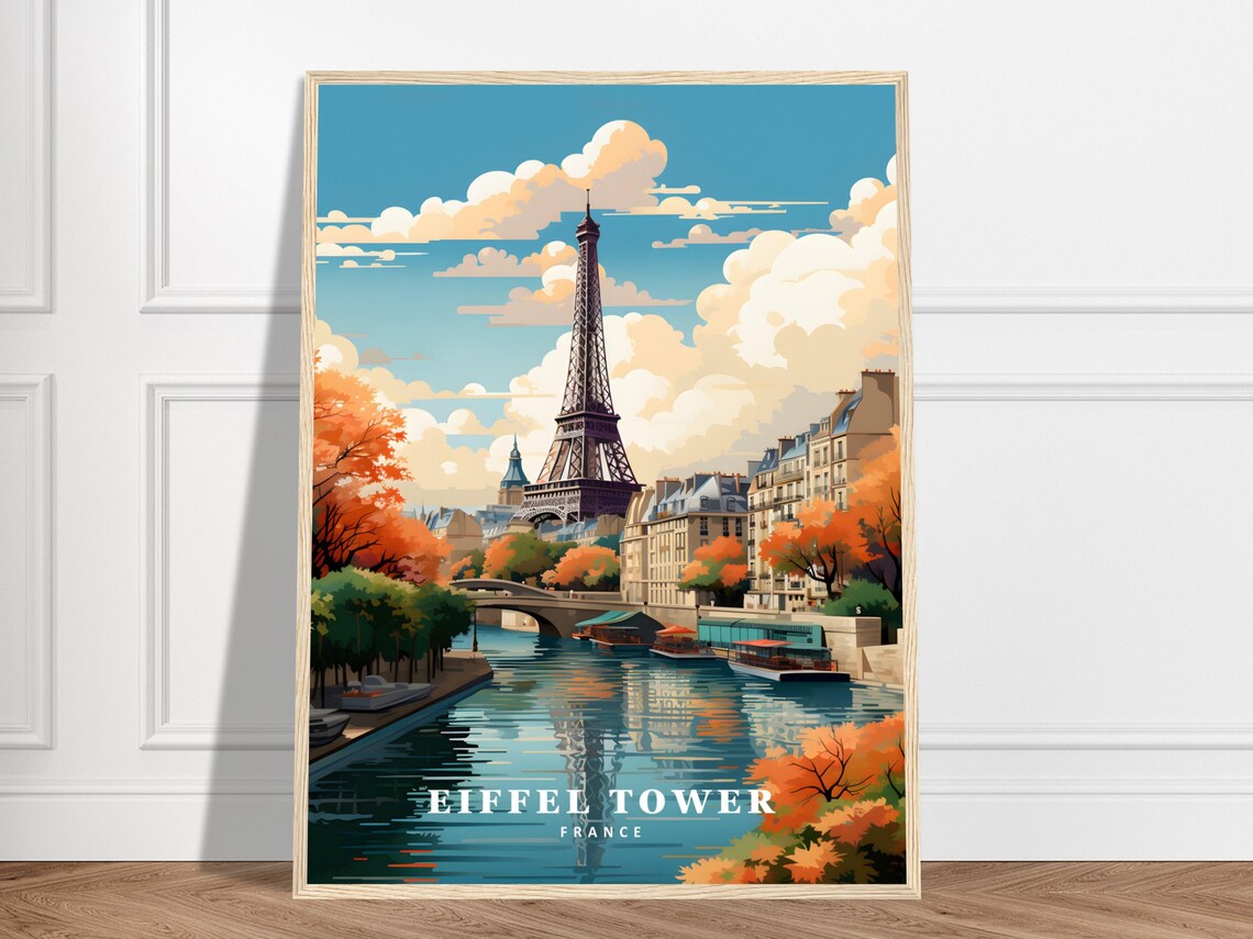 Eiffel Tower Paris France Travel Poster Autumn Seine River Scene Art