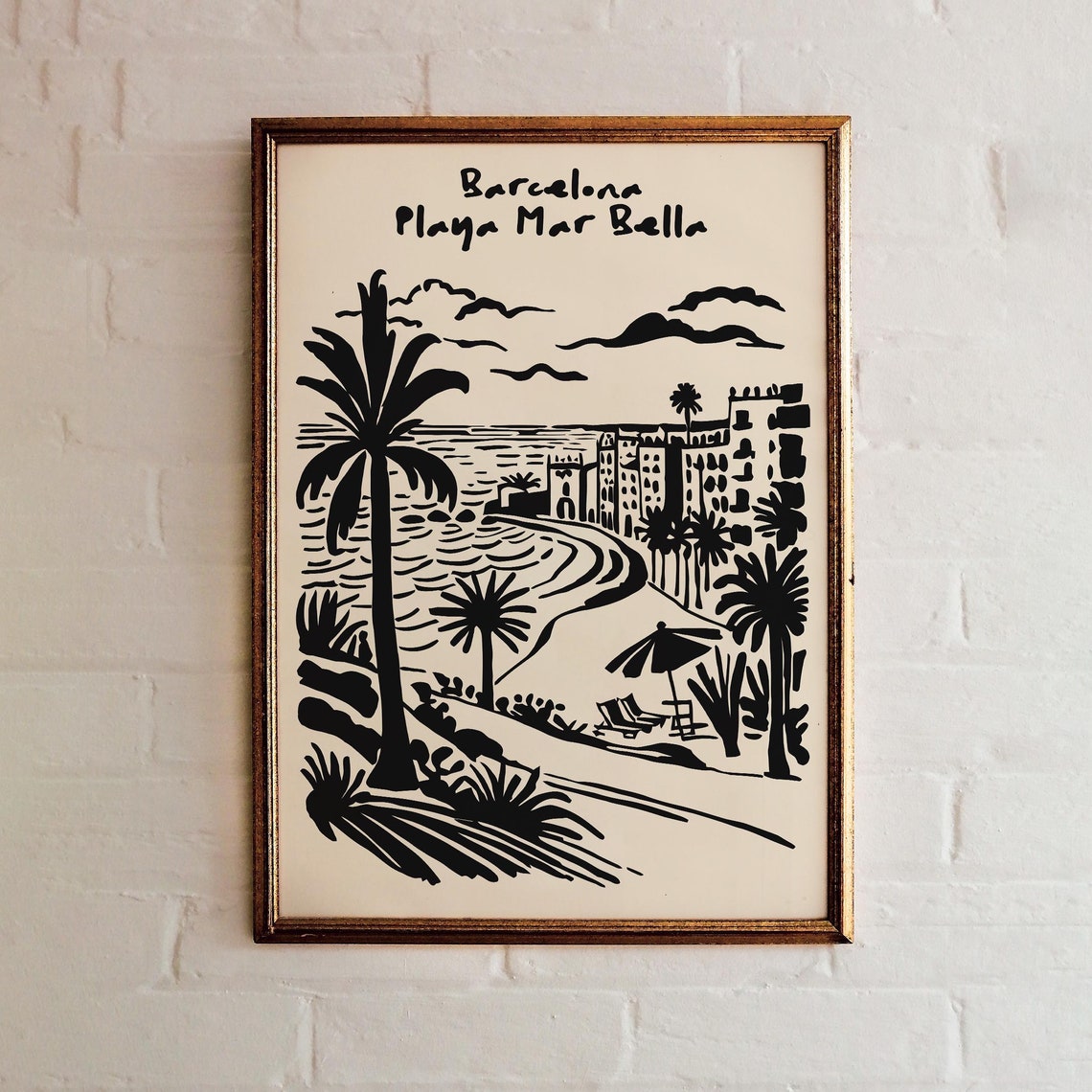 Barcelona Playa Mar Bella Palm Beach Coastal Travel Scene Poster