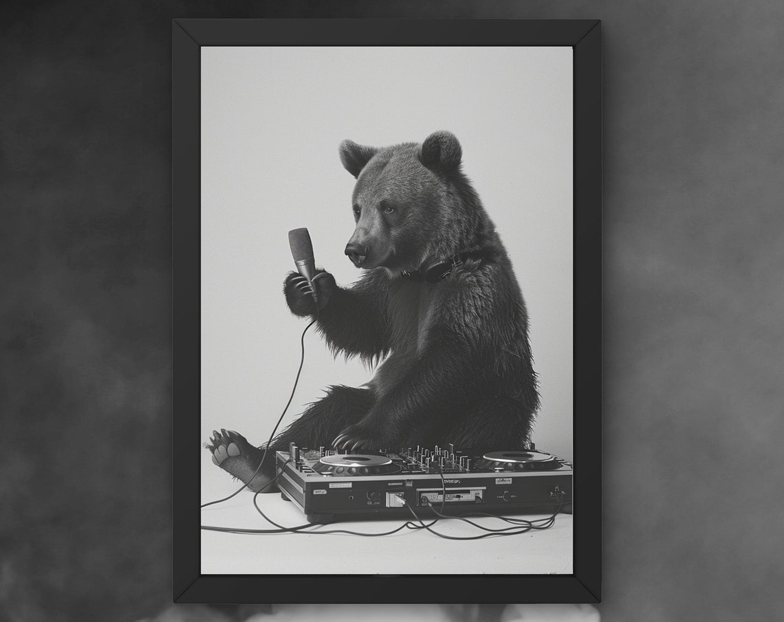 Bear DJ With a Microphone at the Turntable Funny Music Poster