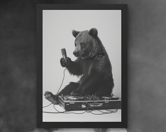 Bear DJ With a Microphone at the Turntable Funny Music Poster