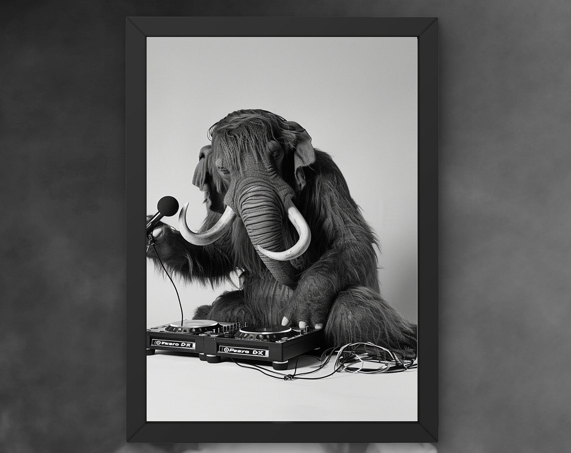 Woolly Mammoth DJ with Turntables and a Microphone Funny Music Poster