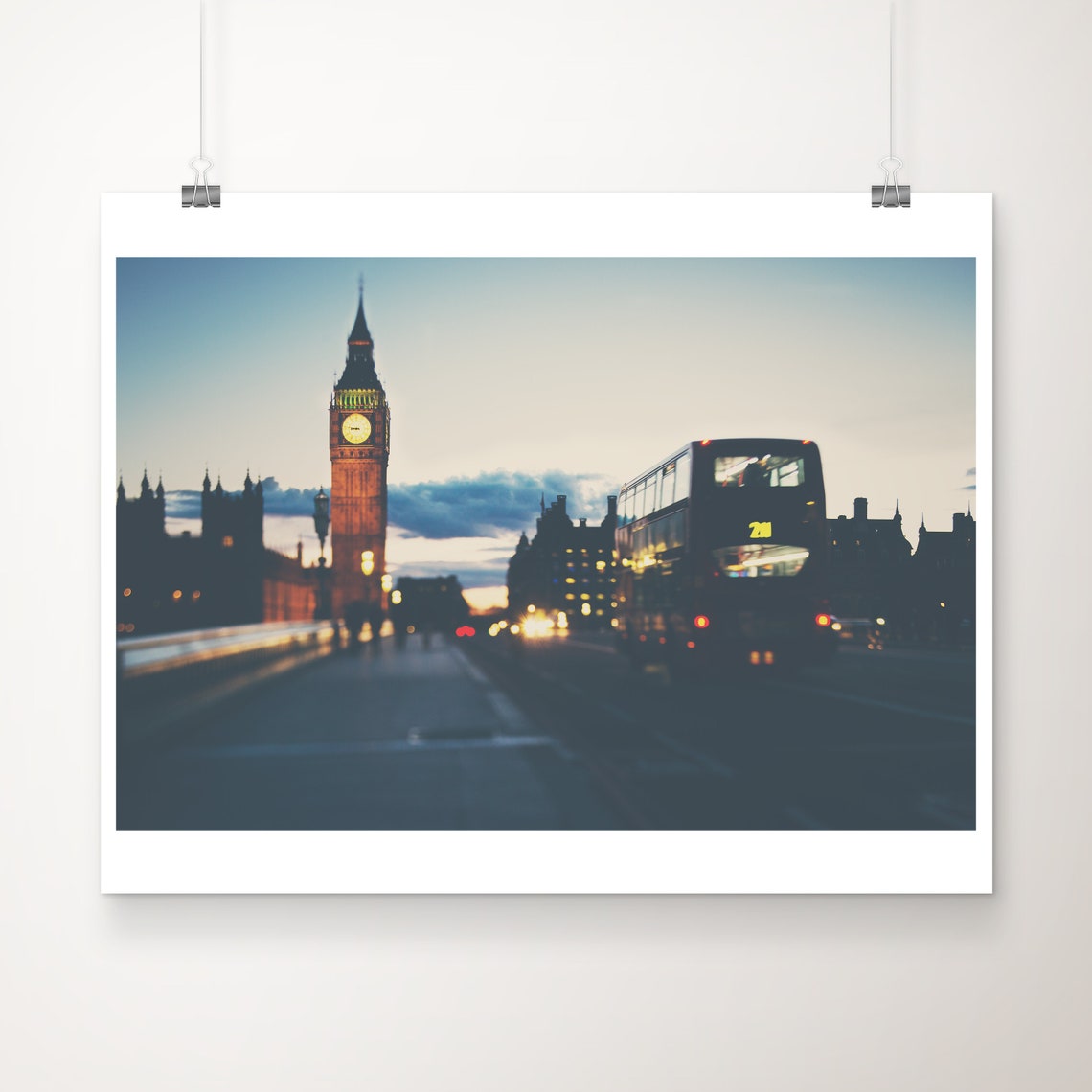 London Big Ben and Red Bus at Dusk on Westminster Bridge Poster
