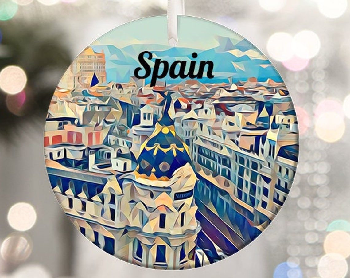 Spain Ornate Rooftop Cityscape Round Christmas Tree Ornament Art Print