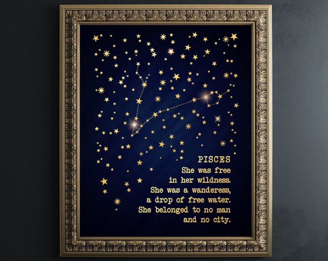 Pisces Gold Foil Zodiac Art Print, Constellation Gift