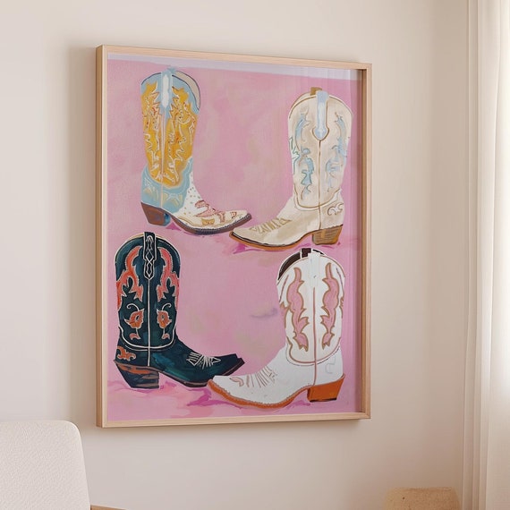 Cowgirl Boot Art Print Retro Cowboy Boots Poster Trendy Bedroom Decor Cowboots Print Preppy Western Wall Art Teens Room Decor Fine Art