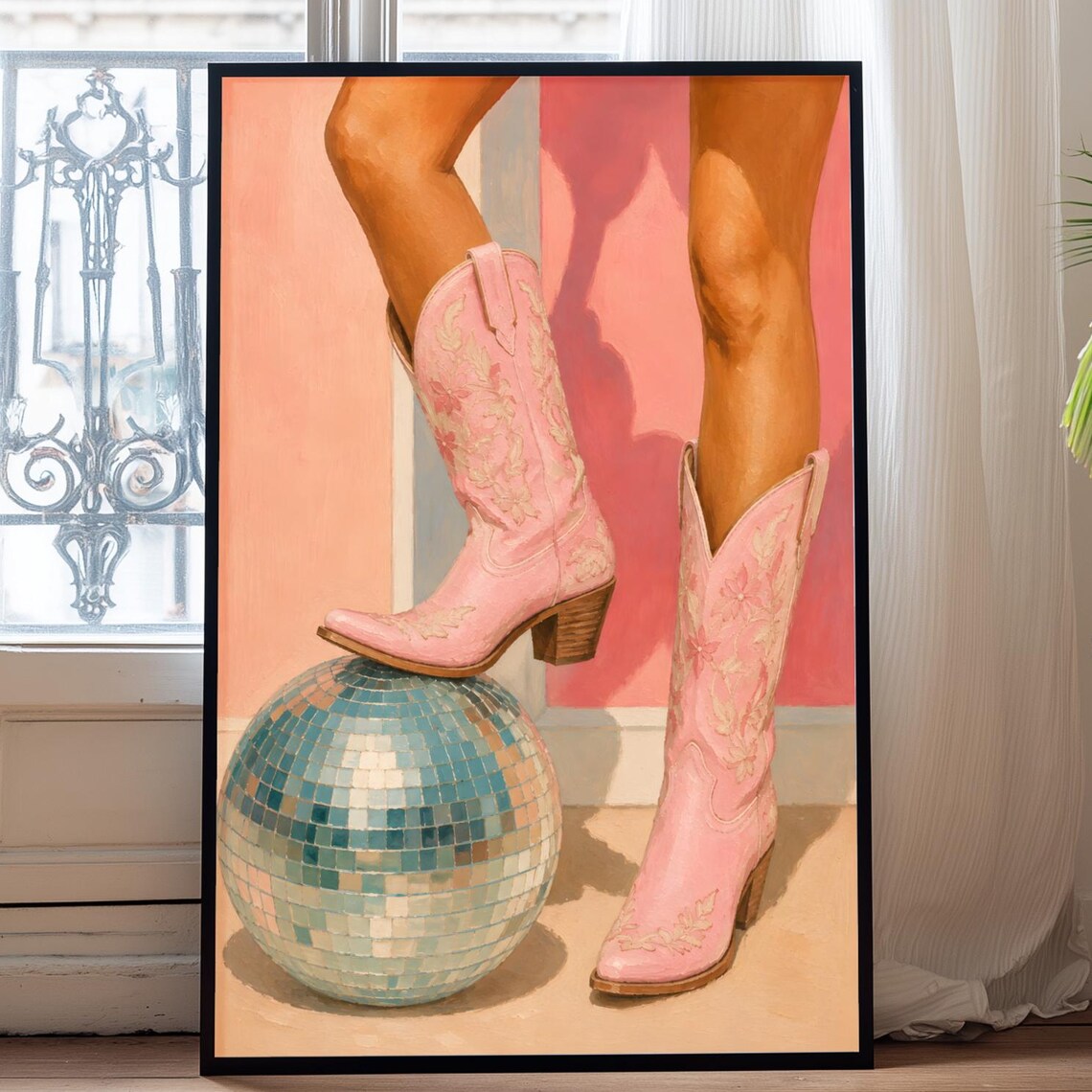 Pink Cowboy Boots Disco Ball Coastal Cowgirl Retro Party Poster