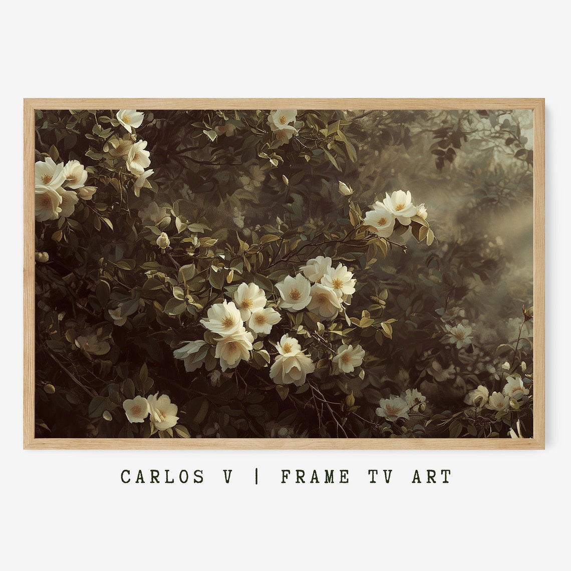 White Wild Roses Blooming Bush Botanical Frame TV Art Poster