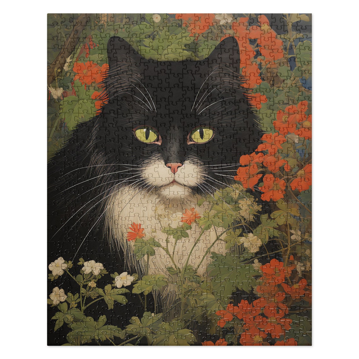 Black and White Cat Among Red Flowers Jigsaw Puzzle Art Poster