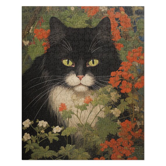 Black and White Cat Among Red Flowers Jigsaw Puzzle Art Poster