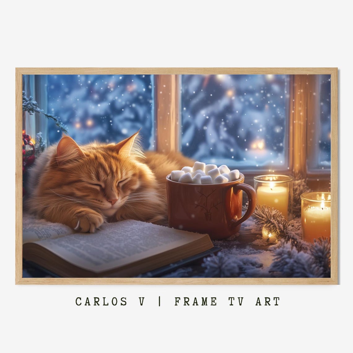 Sleepy Orange Cat Napping By A Frosty Window With Hot Cocoa Poster
