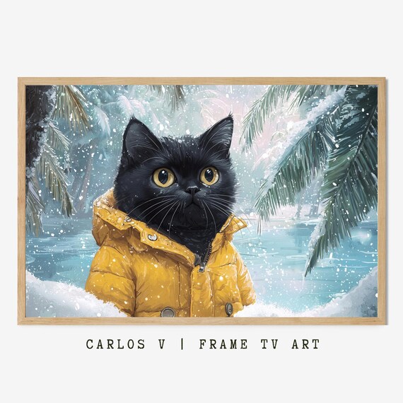 Black Cat In A Yellow Winter Jacket Standing In The Snow Poster