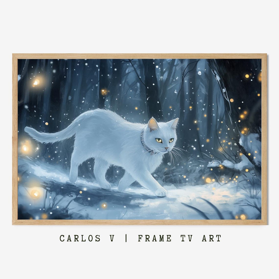 White Cat Glowing Snowy Forest Magical Winter Illustration Poster