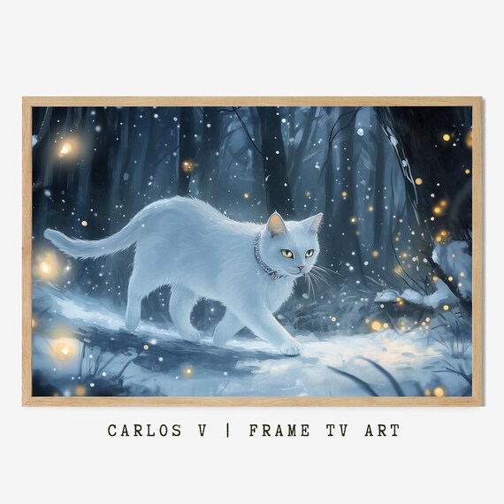 White Cat Glowing Snowy Forest Magical Winter Illustration Poster