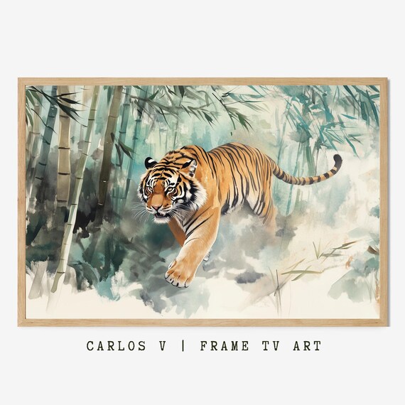 Tiger Prowling Through Misty Bamboo Forest Watercolor Poster