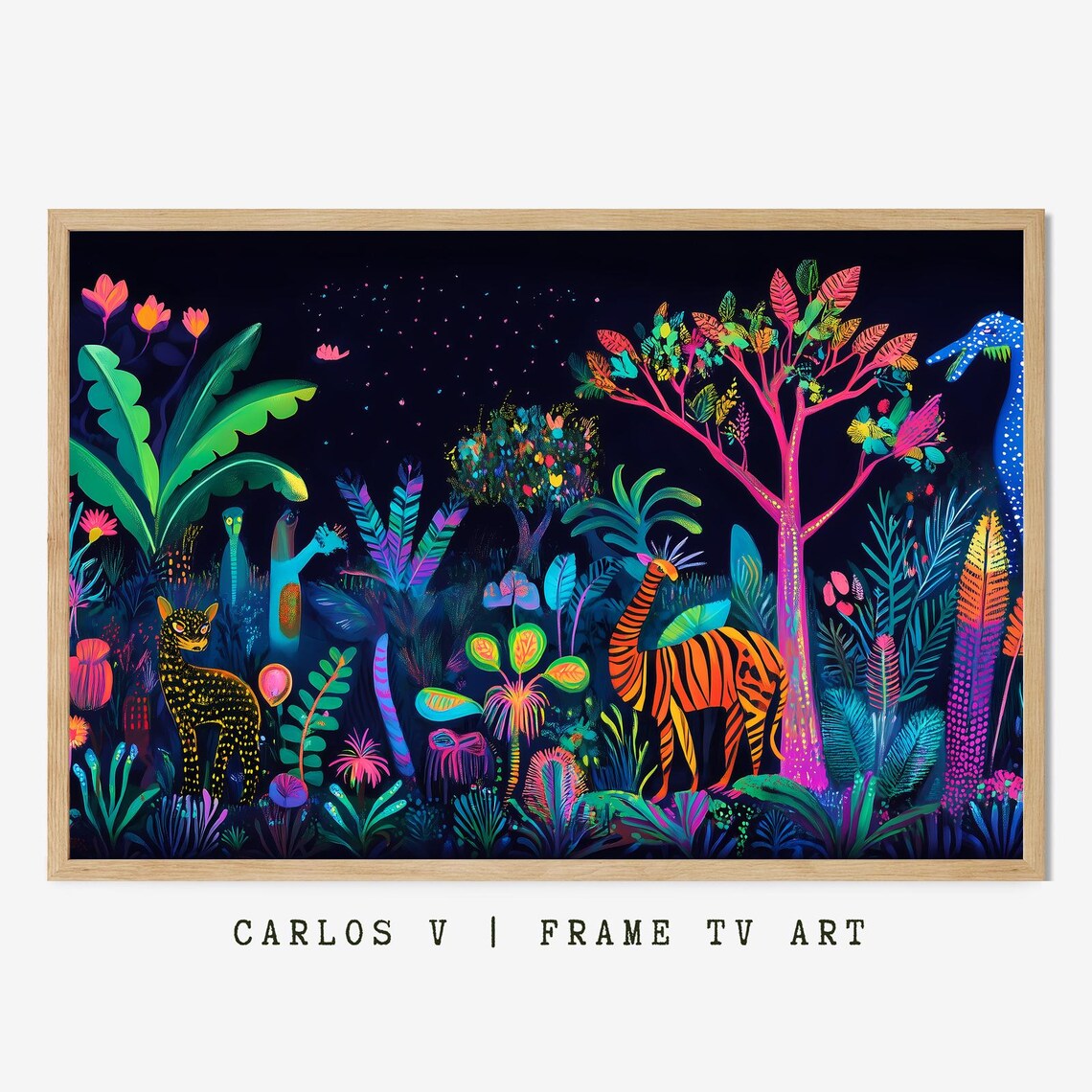 Vivid Neon Jungle Wildlife Colorful Night Safari Animals Poster