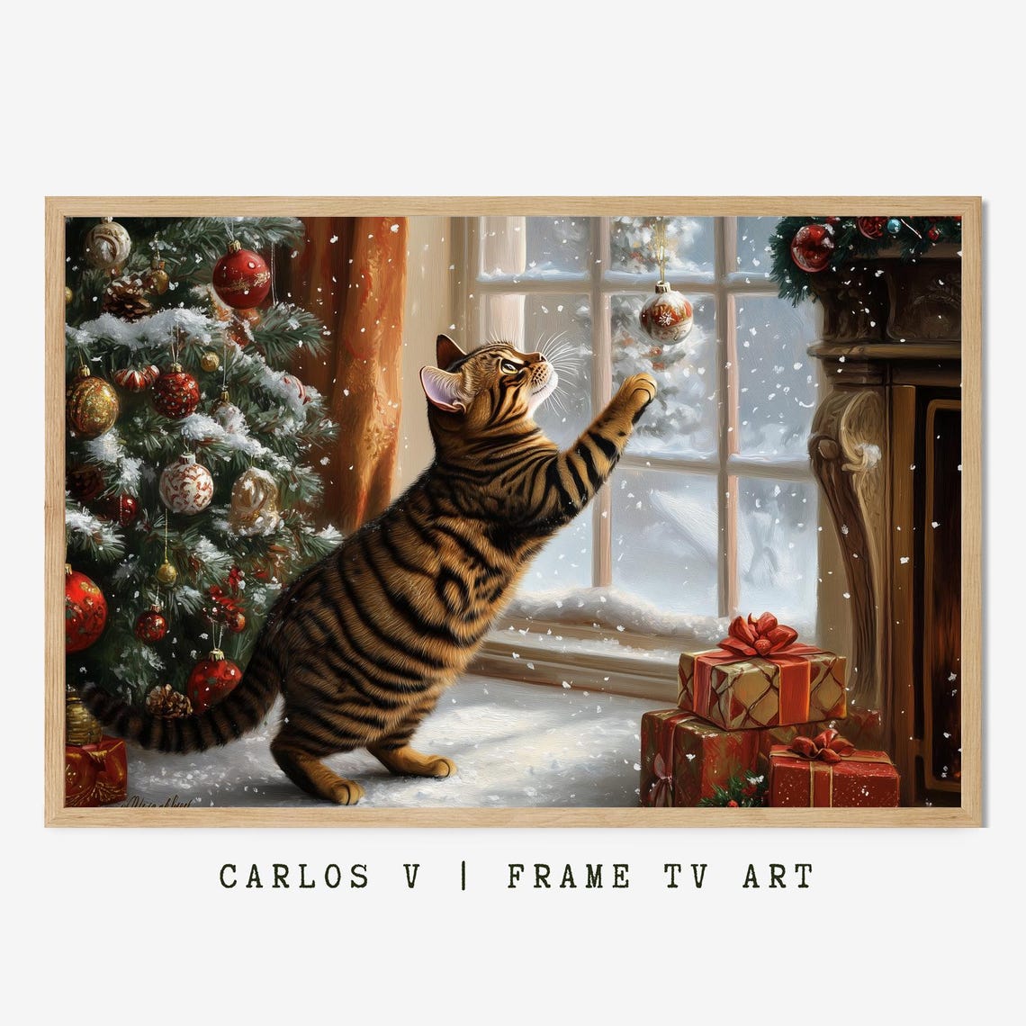 Tabby Cat Reaching For An Ornament Under A Snowy Window Poster