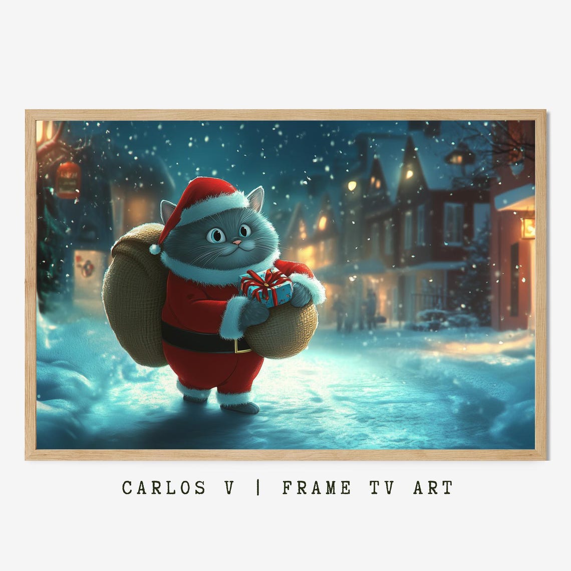 Chubby Santa Cat Delivering A Gift On A Snowy Night Street Poster